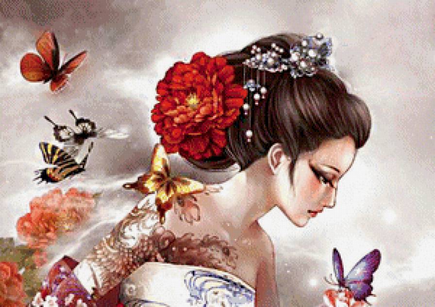 восточная красавица часть 1 - пионы, цветы, живопись, женщина, бабочка, девушка - предпросмотр