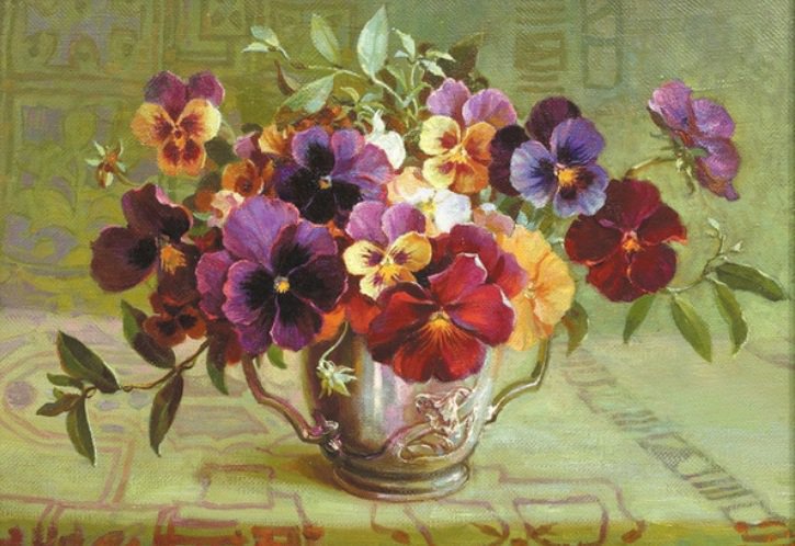 №487534 - живопись, букет, анютины глазки, цветы - оригинал