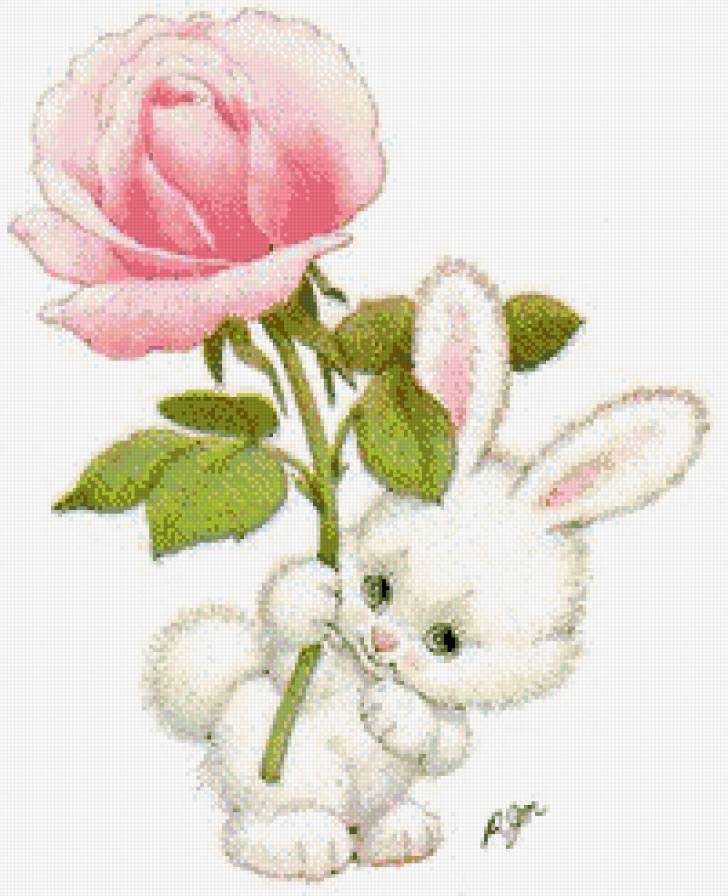 детский рисунок - зайчик, белый, розовая, роза - предпросмотр