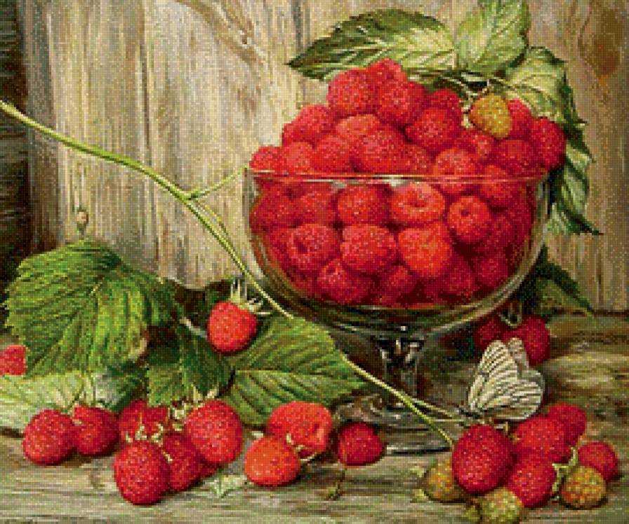 малина с бабочкой - натюрморт, малина, бабочка, ягоды - предпросмотр