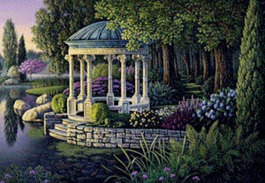 панно "парк" часть 2 - дерево, природа, живопись, птицы, озеро, цветы, беседка - предпросмотр