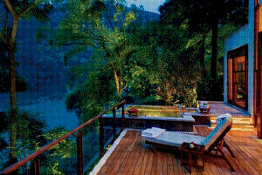 Вечером - деревья, дом, горы, природа - предпросмотр