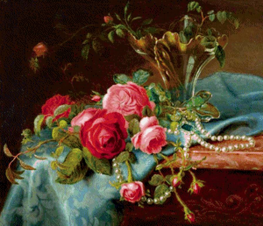 старинная картина - цветы, ваза, жемчуг, живопись, роза, букет, розы - предпросмотр