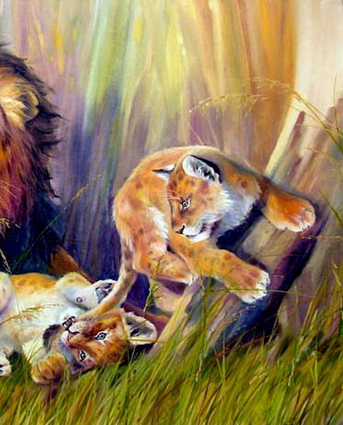 счастливая семья часть 2 - лев, природа, хищник, живопись, львенок - оригинал