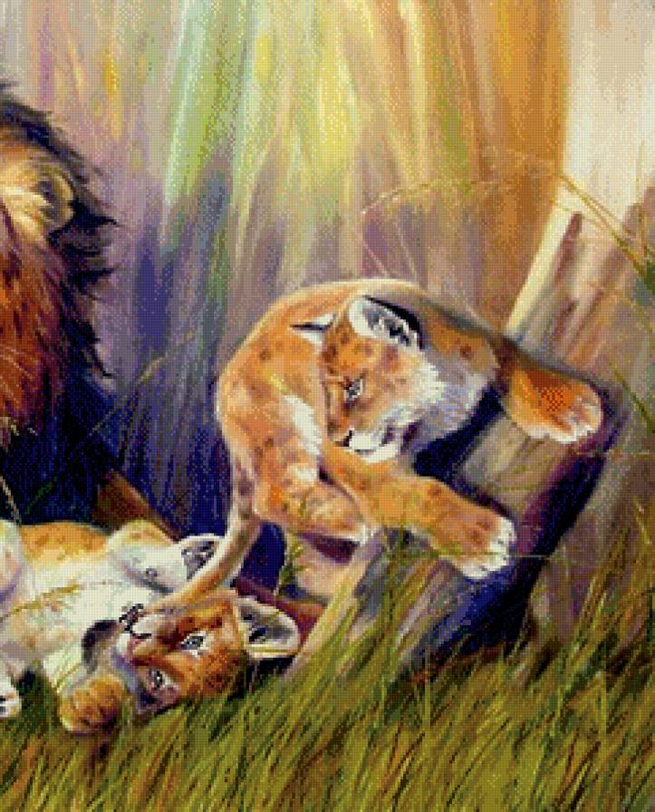 счастливая семья часть 2 - львенок, природа, хищник, лев, живопись - предпросмотр