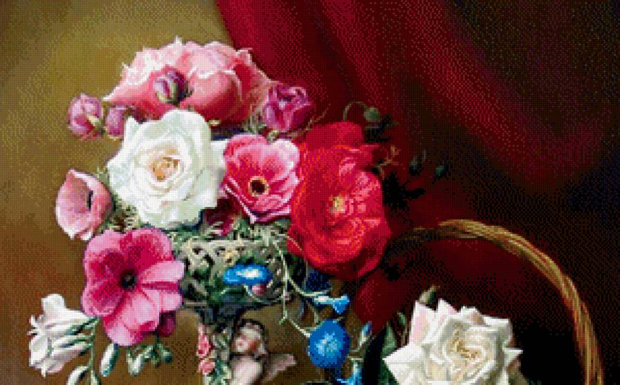 старинная картина часть 1 - статуэтка, корзина, цветы, ваза, розы, шкатулка, букет, живопись, роза - предпросмотр