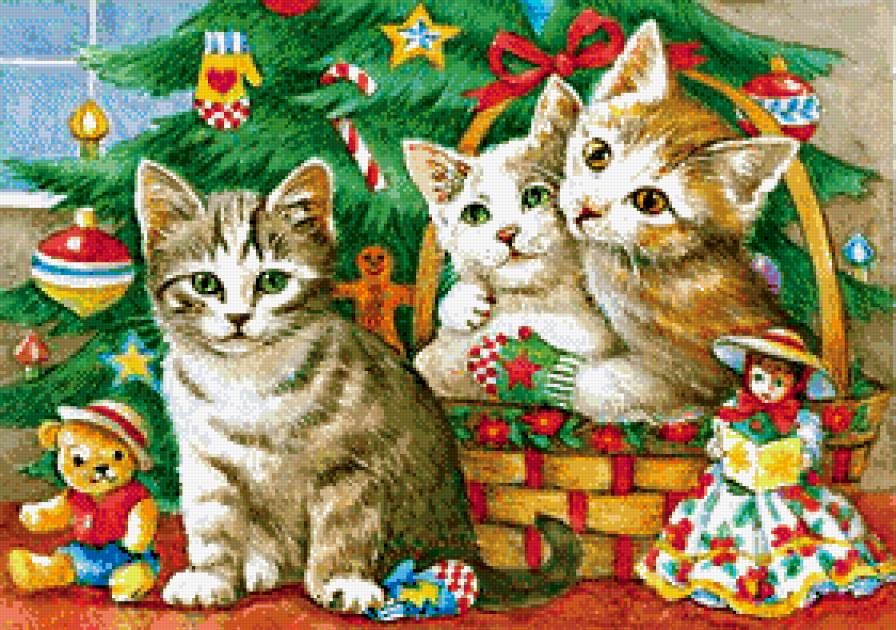 новогодняя - игрушки, котенок, кукла, мишка, елка, новый год, корзина, кот, бант - предпросмотр
