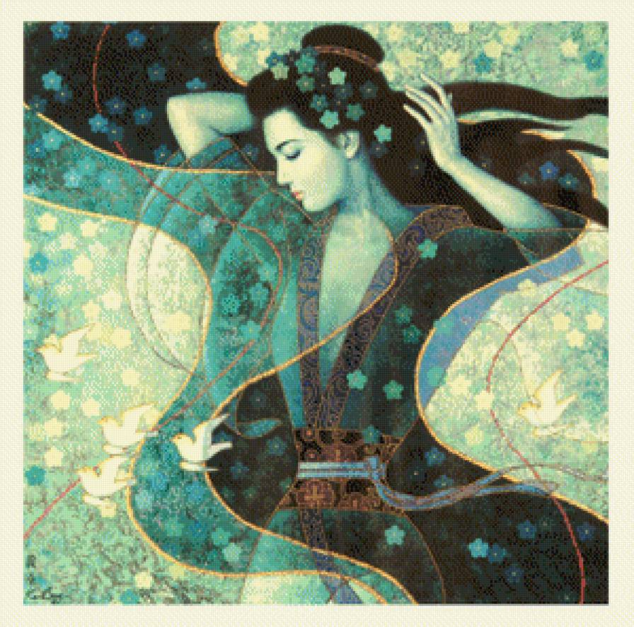 Девушка с птицами - фэнтези, восток, девушка, азия - предпросмотр