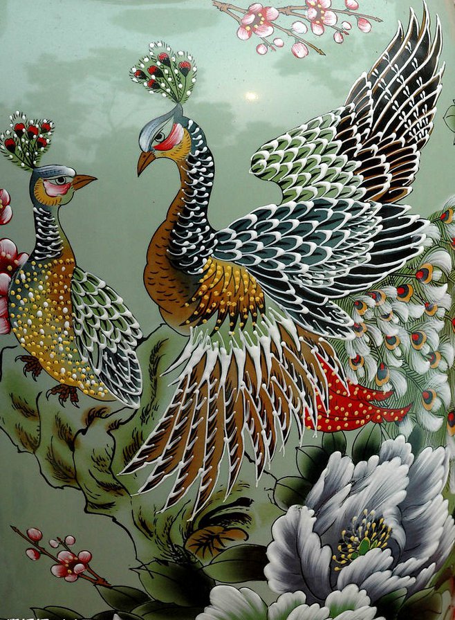 Райские птицы - птицы, восток, цветы, пейзаж - оригинал