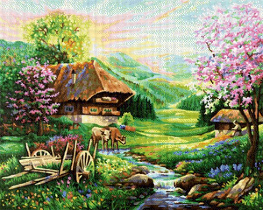 Сельский пейзаж - пейзаж, животные, природа, домик, река - предпросмотр