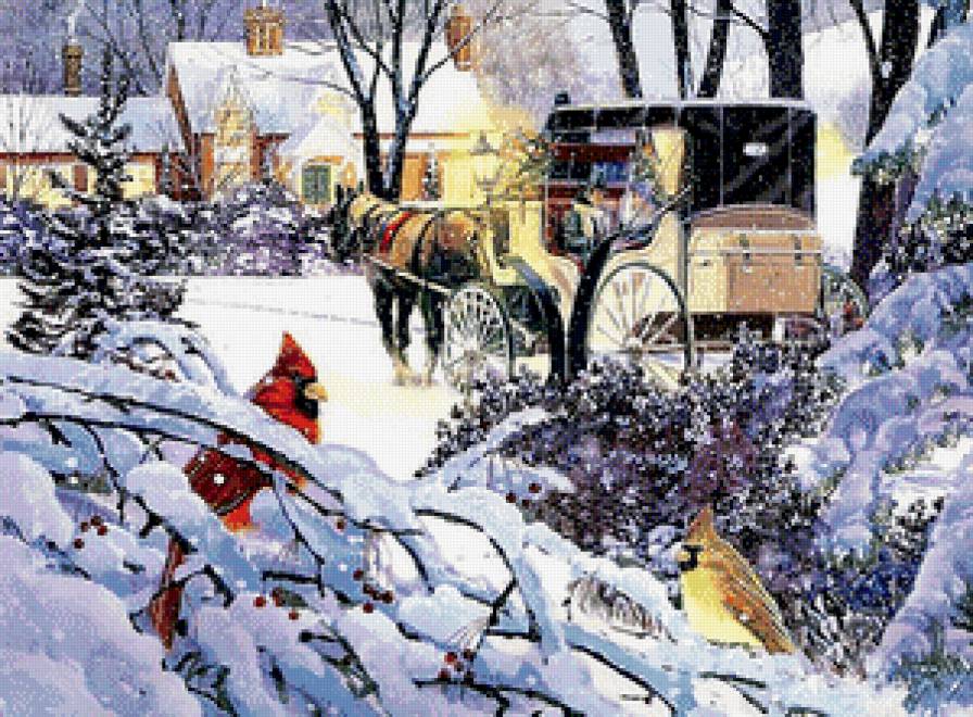 Зимний сюжет - дом, карета, птицы, зима - предпросмотр