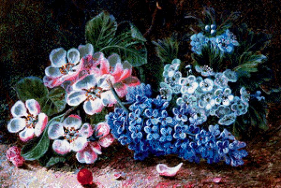 старинная картина - шиповник, цветы, букет, роза, сирень, живопись, природа - предпросмотр