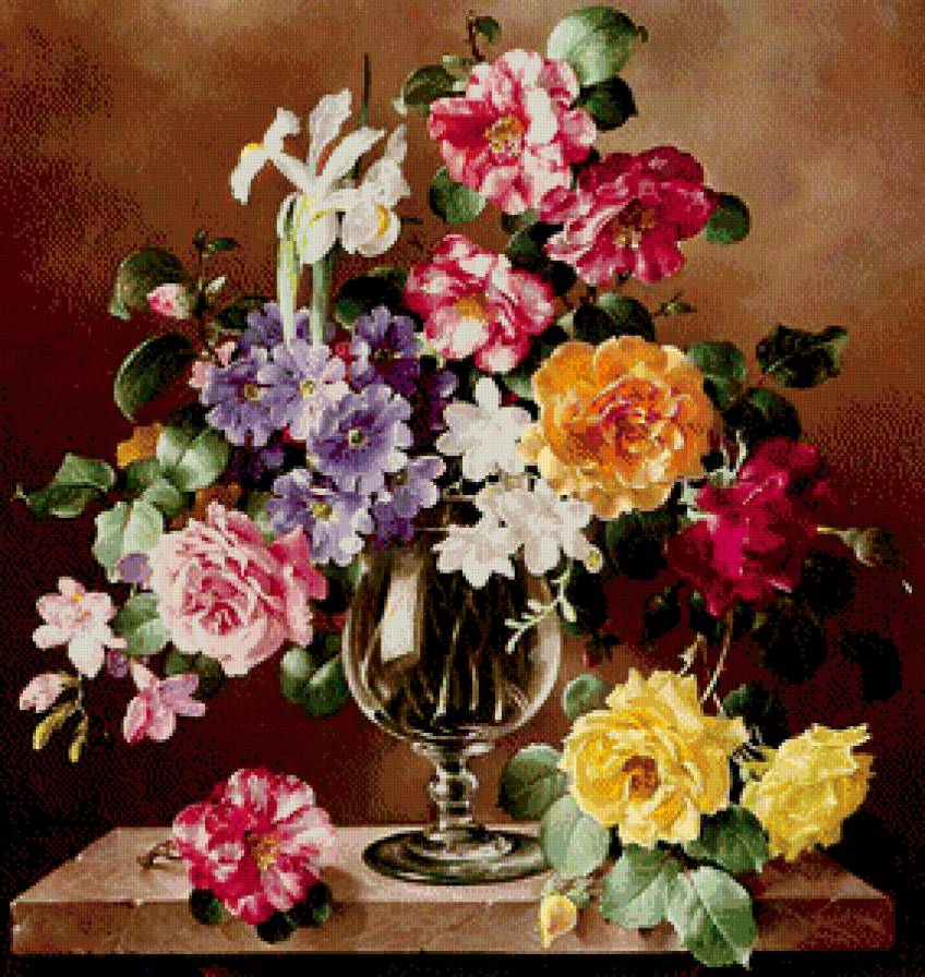 старинная картина - живопись, цветы, розы, камелия, букет, фрезия, ирис, ваза - предпросмотр