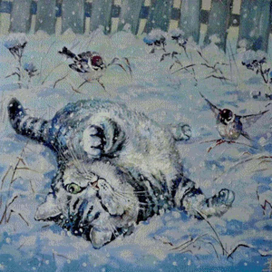 зима пришла - воробей, живопись, природа, кошка, кот, снег, птицы - предпросмотр