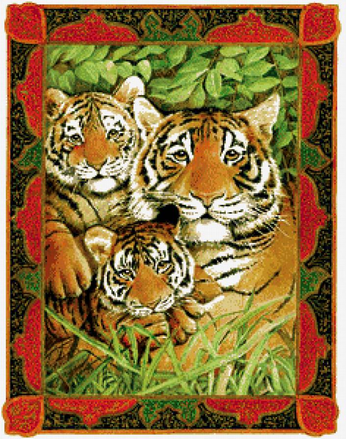 семейный портрет - тигр, листья, природа, семья, тигренок, хищник, котенок, живопись - предпросмотр