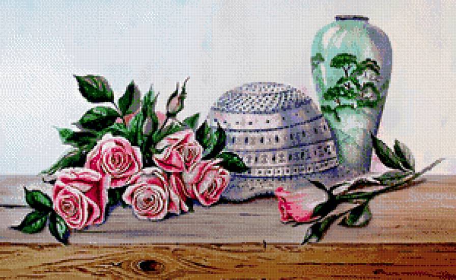 натюрморт - розы, роза, живопись, шляпа, восток, цветы, ваза - предпросмотр