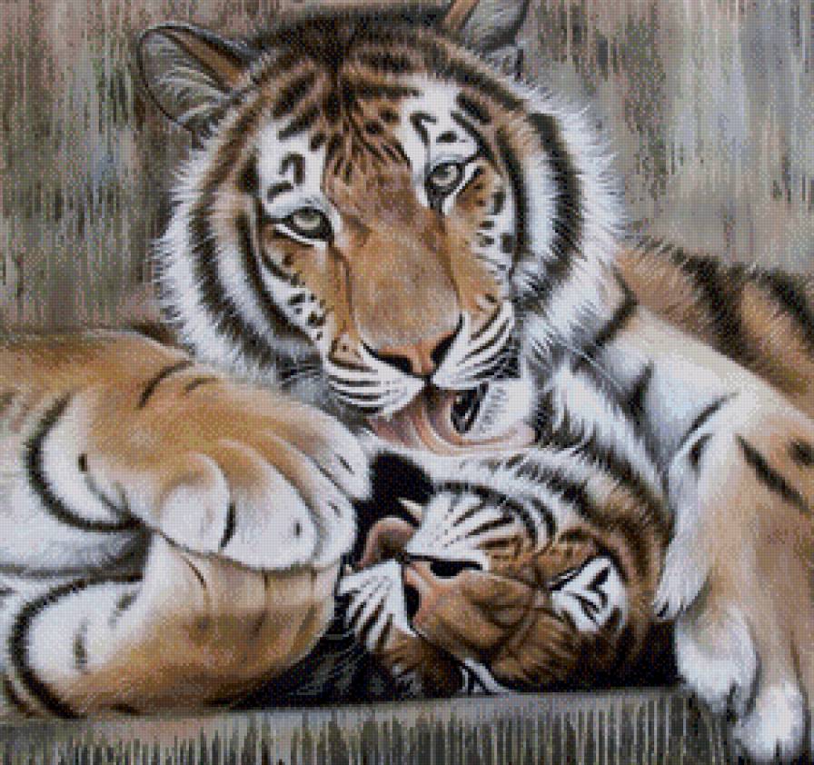 ласка - пара, хищник, живопись, любовь, взгляд, тигр, поцелуй - предпросмотр