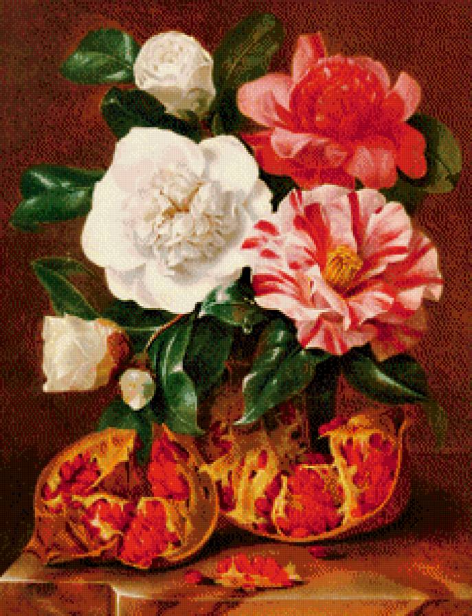 старинная картина - камелия, пион, живопись, цветы, букет, гранат - предпросмотр