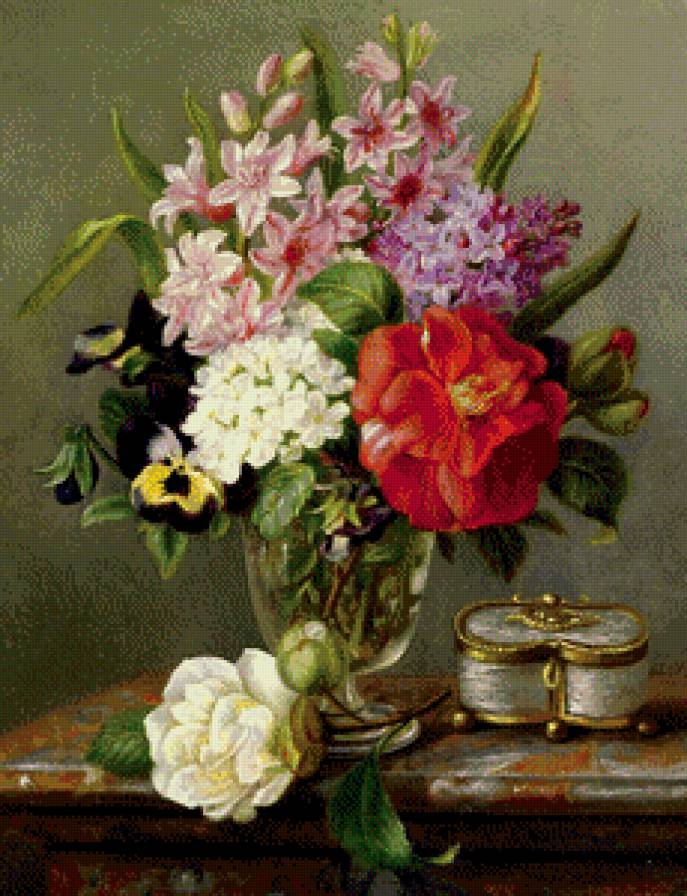 старинная картина - ваза, камелия, живопись, букет, фрезия, шкатулка, цветы, сирень - предпросмотр