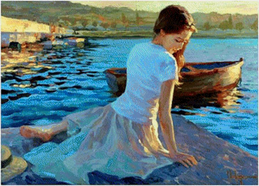 У реки - красавица, лодка, девушка, река, пейзаж - предпросмотр