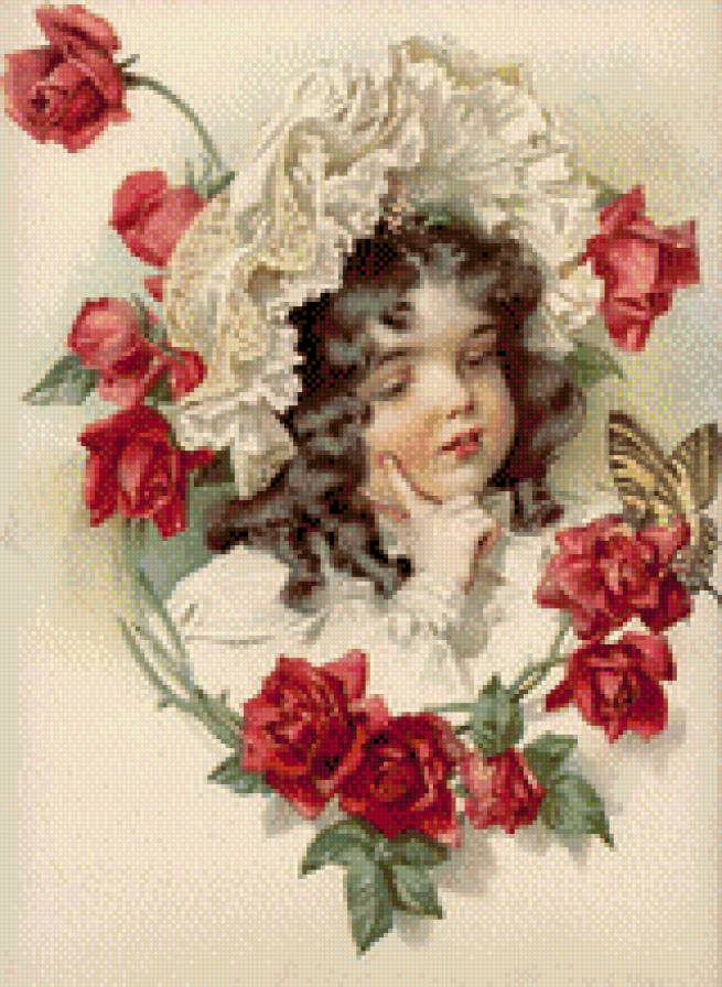 Винтаж2 - девочка, бабочка, цветы - предпросмотр