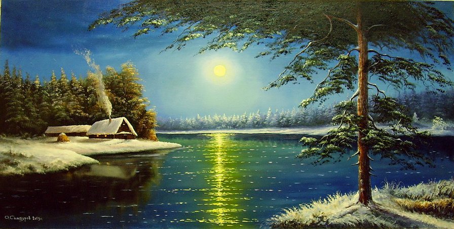 зимняя ночь - речка, пейзаж, дом - оригинал