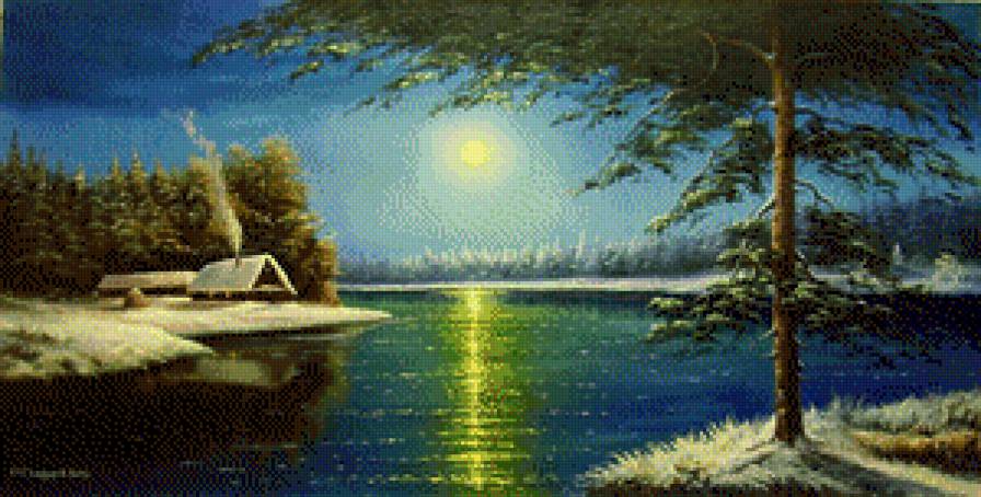 зимняя ночь - дом, пейзаж, речка - предпросмотр