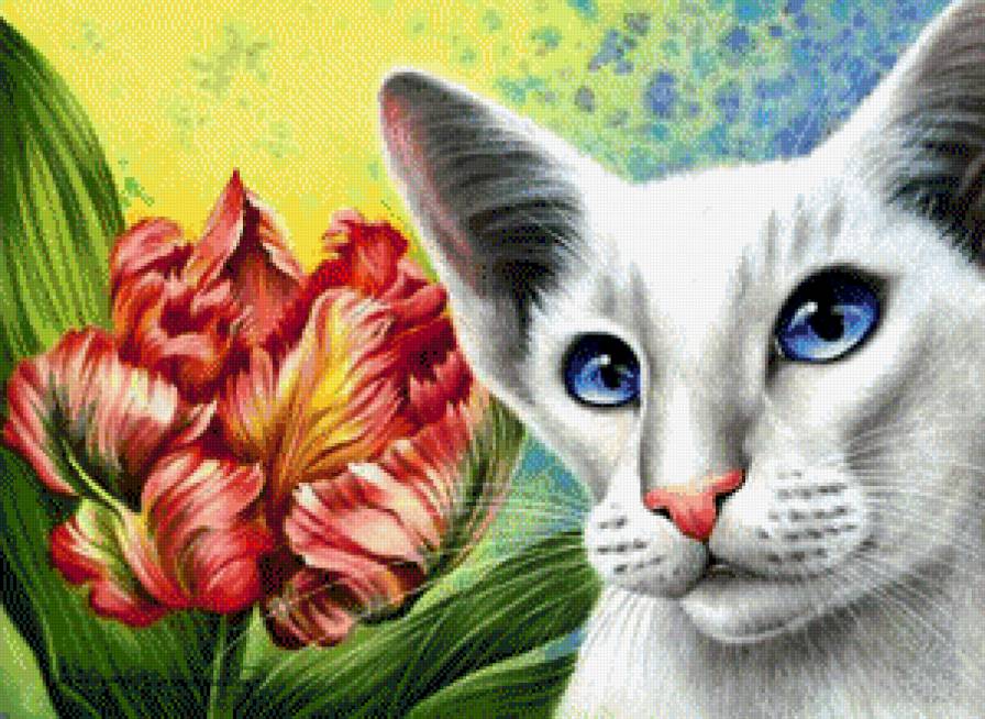 Кошка и Цветы - цветы, кошка, кот, картина, животное, пейзаж - предпросмотр