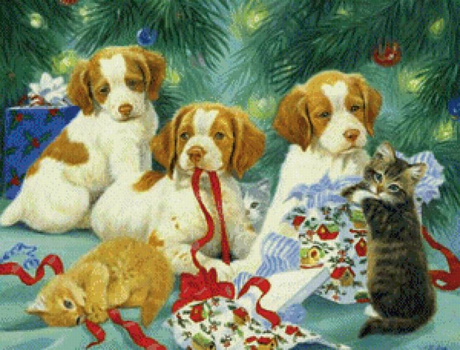 С новым годом! - кошки, новый год, зима, собаки - предпросмотр