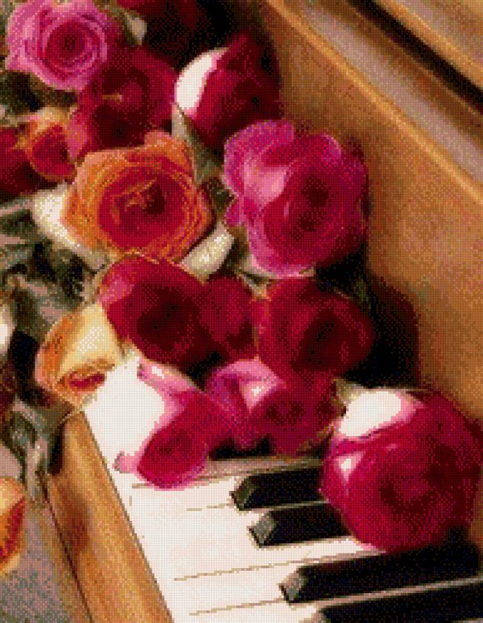 Розы на пианино - пианино, розы, музыка - предпросмотр