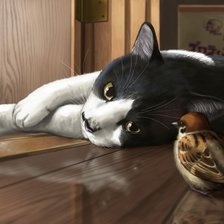 Схема вышивки «котик и воробушек»