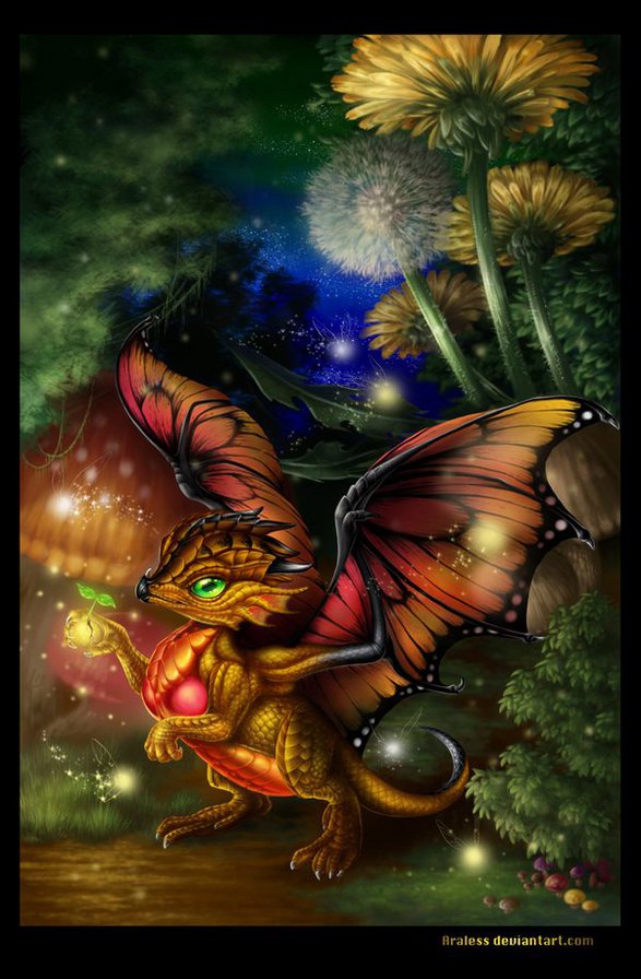 дракончик в одуванчиках - драконы, фэнтэзи - оригинал
