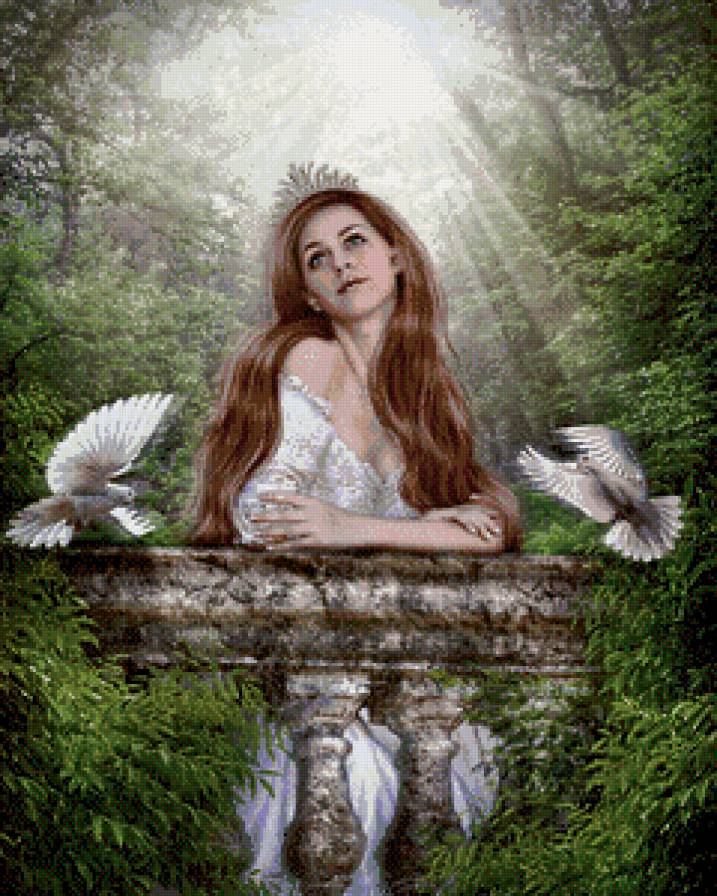 Берегиня - девушка, мостик, птицы, голуби - предпросмотр