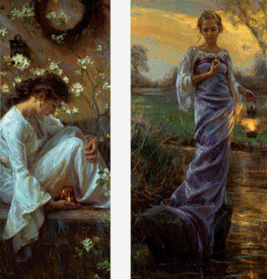 Девушки с фонариками - закат, река, девушки, пейзаж, фонари - предпросмотр