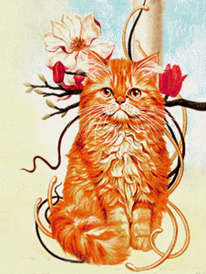 рыжик и магнолия - живопись, кошка, кот, цветы - предпросмотр