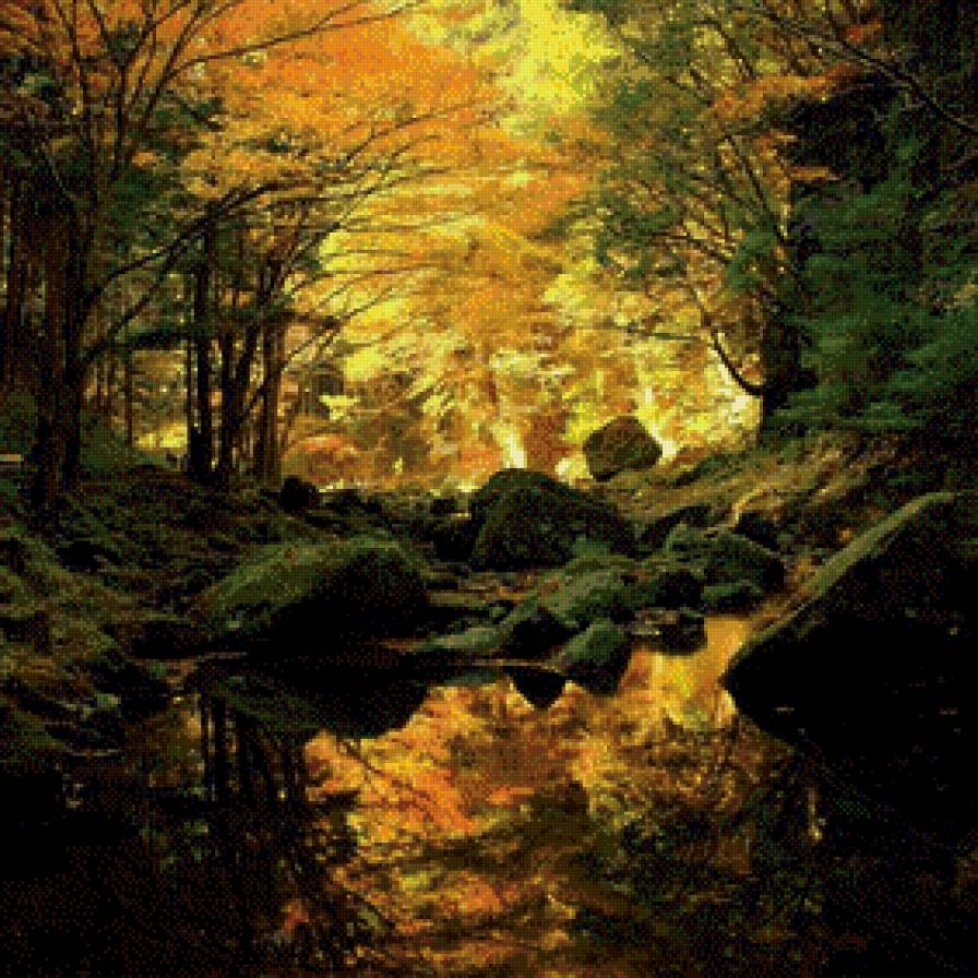 В лесу - солнечные лучи, озеро, камни, лес - предпросмотр