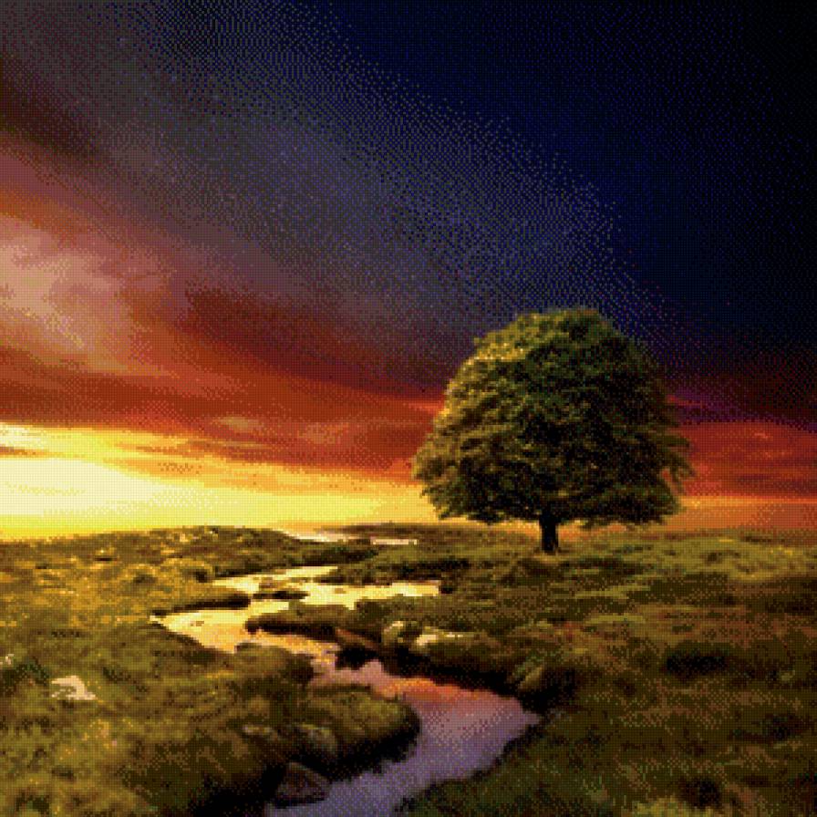 Одинокое дерево - река, лето, закат, одинокое дерево, поле - предпросмотр