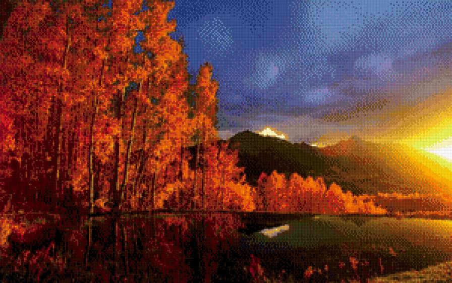 Закат - осень, закат, озеро, лес, горы - предпросмотр