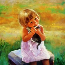 Схема вышивки «Девочка с котенком,живопись,дети»