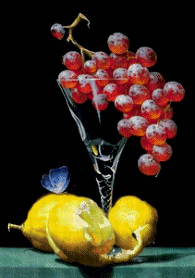 натюрморт - виноград, бабочка, картина, живопись, лимон, бокал - предпросмотр