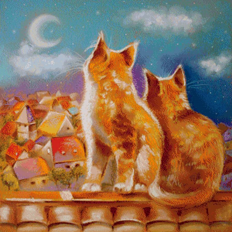 кошачья романтика - луна, крыша, кот, живопись, город, ночь, пара, любовь, кошка - предпросмотр