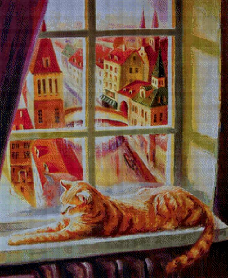 кот на окошке - дом, город, живопись, окно, кошка - предпросмотр