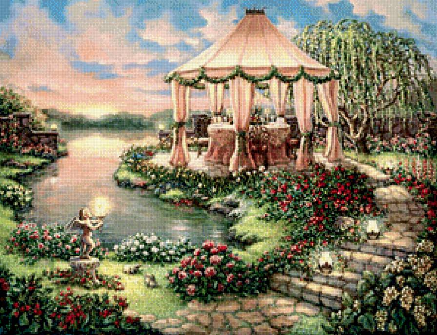 беседка у пруда - живопись, дорога, ива, картина, статуя, дерево, огонь, природа, цветы - предпросмотр