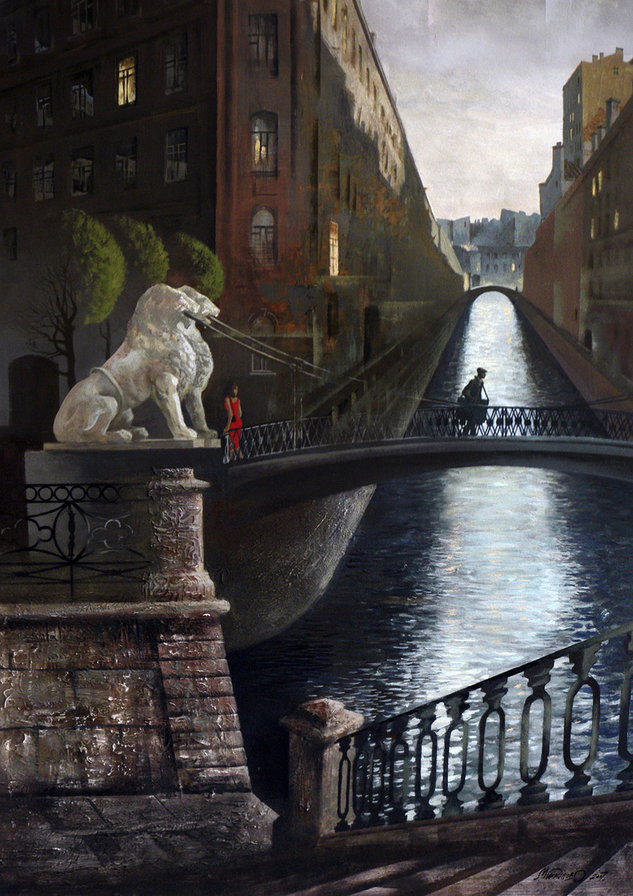 Серия "Пейзажи" - мостик, пейзаж, домик, река, город - оригинал