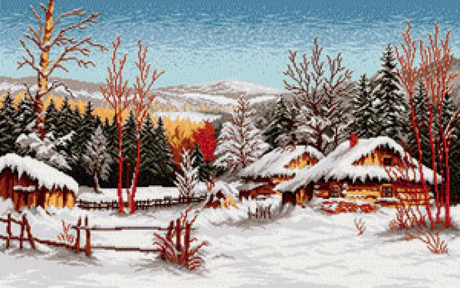 Зимний пейзаж - село, домики, зима, пейзаж, снег - предпросмотр