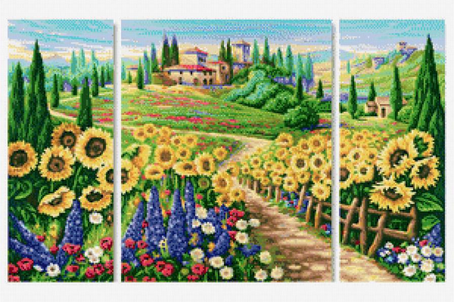 триптих поляна - дом, пейзаж, подсолнухи, цветы, природа, пчела - предпросмотр