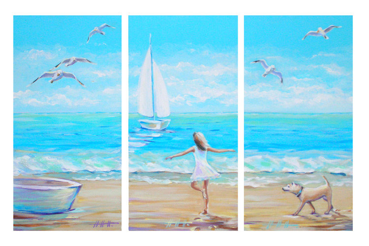 триптих море - парусник, берег, корабль, девушка, триптих, море - оригинал