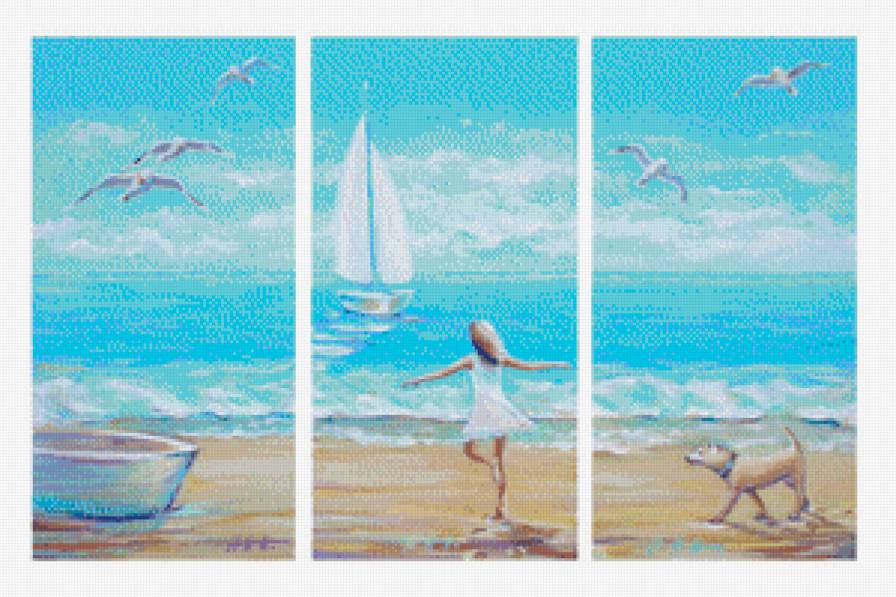 триптих море - корабль, парусник, девушка, триптих, берег, море - предпросмотр