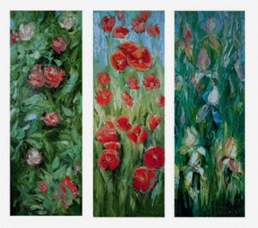 триптих картина маслом - ирисы, маки, цветы, розы - предпросмотр