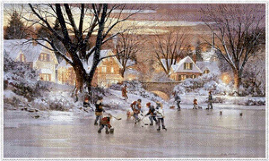 Серия "Пейзажи" - пейзаж, дети, домик, люди, зима, каток, снег, озеро - предпросмотр